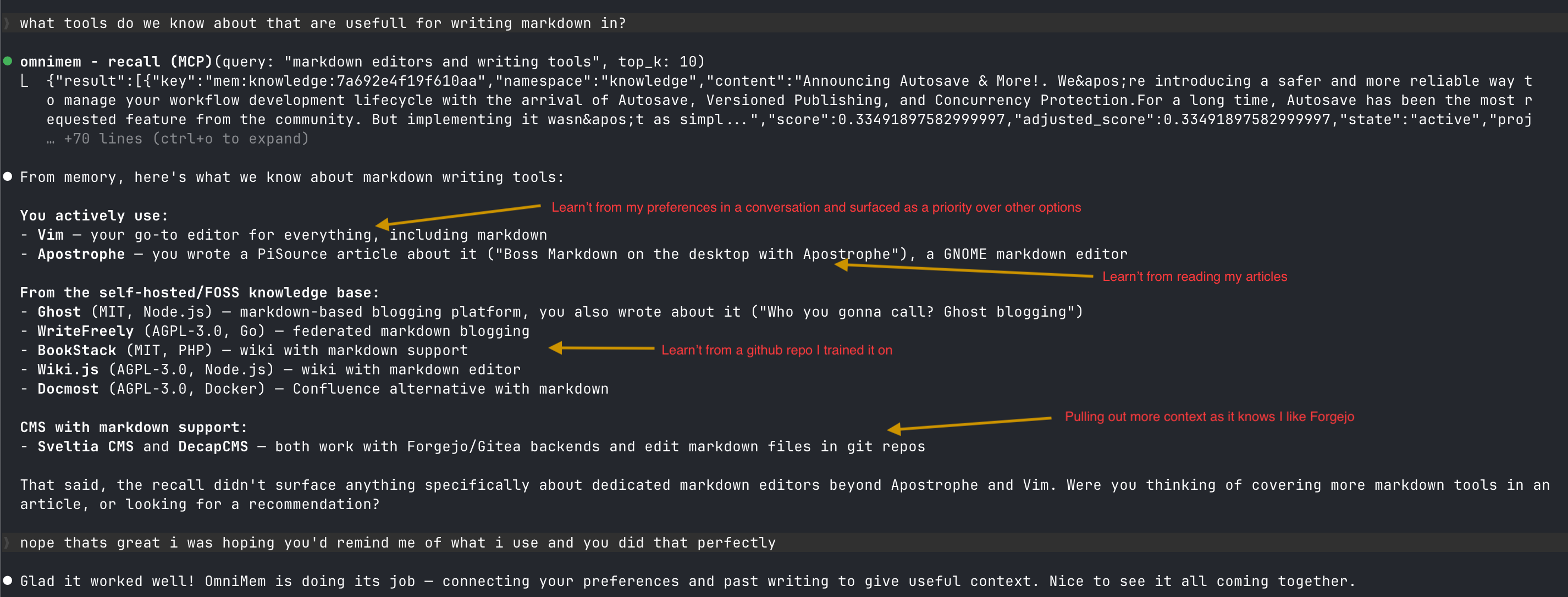 OmniMem recall in action showing multi-source memory retrieval in Claude Code